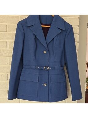 Vintage Womens Tailored Blue Belted Wool-Blend Jacket